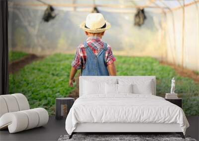 An Asian boy is walking around looking at vegetable plots in an organic greenhouse. Wall mural