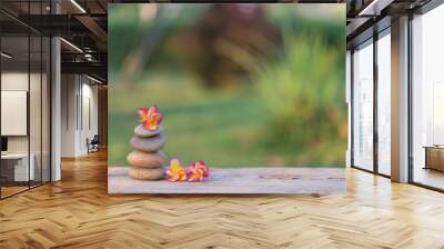 frangipani flower and stone zen spa on wood with garden blurred Wall mural