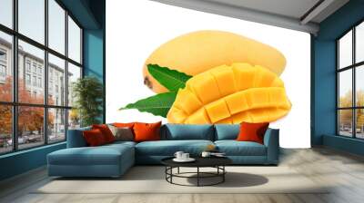 ripe yellow mango fruit with leaves isolated on white background Wall mural