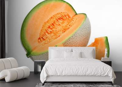 slice of japanese melons, orange melon or cantaloupe melon with seeds isolated, png Wall mural