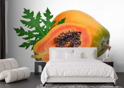 whole and half ripe papaya with green leaf isolated on white background Wall mural