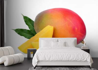 whole and slice ripe mango fruit with green leaves isolated on white background Wall mural