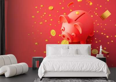 A happy piggy bank with flying coin on red tone background, Concept of saving money and smart investments Wall mural