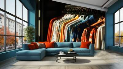 A rack of clothes with a variety of colors and patterns Wall mural