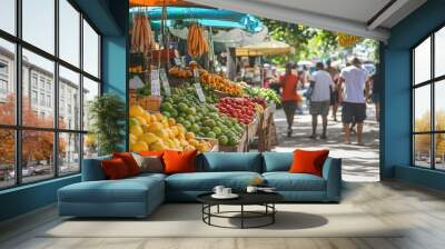 A street market with a variety of fruits and vegetables for sale Wall mural