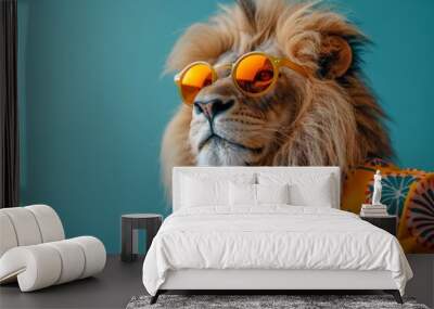 a stylish Lion wearing sunglasses and summer suit on color background, animal funny pop art Wall mural