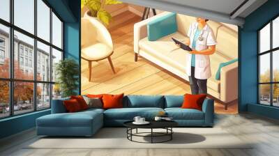 A woman in a white lab coat stands in a living room with a tablet in her hand Wall mural