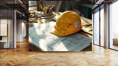 A yellow hard hat sits on a desk with a blueprint, Construction worker Wall mural