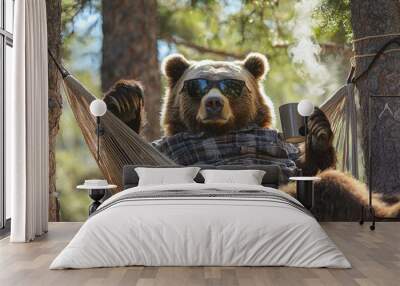 Cozy Bear in Sunglasses Relaxing in Hammock with Coffee Outdoors Wall mural