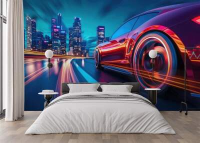 Dynamic low angle shot of a car wheel in motion with a futuristic city skyline and streaks of light creating a sense of speed and innovation Wall mural