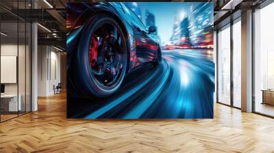 Dynamic low angle shot of a car wheel in motion with a futuristic city skyline and streaks of light creating a sense of speed and innovation Wall mural