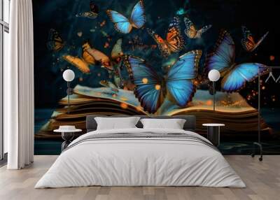 Fantasy book, Butterflies Flying Out Of Open Book background or wallpaper, fairy tale book concept Wall mural