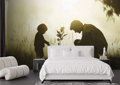 Father and son planting tree, concept of world environment day, Earth Day Wall mural