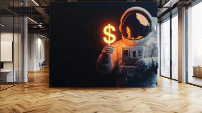 Futuristic Financial Concept, Astronaut Holding Glowing Dollar Sign in Space with Floating Neon Coins Wall mural