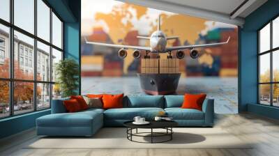 Global Logistics Concept with Airplane and Cargo Ship Wall mural