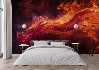 Image of dragon with colorful smoke on black background. Mythical creatures. Illustration Wall mural