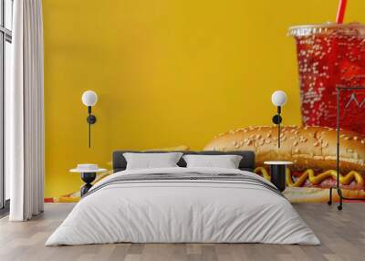 Minimalistic Fast Food Delight Hot Dog, Fries, and Drink Banner on Vibrant Background Wall mural