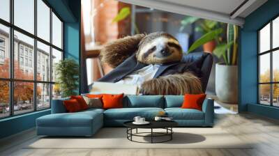 Sloth being lazy in the office, Lazy employee on his working place in office, Generative AI Wall mural