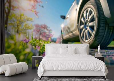 summer car tires in the blooming spring in the sun, time for summer tires Wall mural