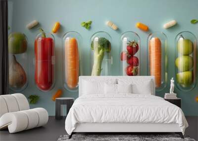 vegetables and fruits in capsule of medicine, vitamins from natural, healthy food, supplement Wall mural