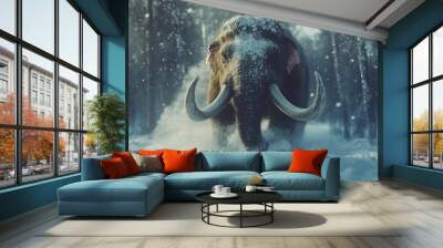 A dynamic shot of a mammoth using its tusks to dig through snow in search of food, illustrating its survival instincts. Wall mural