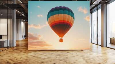 A hot air balloon floating in the sky at dawn, with the sun rising and illuminating the colorful fabric against the soft light. Wall mural