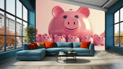 A large piggy bank at the center of a group of smaller piggy banks, representing a family or collective savings effort. Wall mural