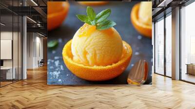 A refreshing orange sorbet served in an orange shell, showcasing a fun and creative dessert presentation for summer gatherings. Wall mural