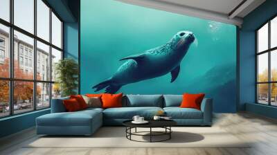 A seal swimming gracefully underwater, its streamlined body moving effortlessly through the blue depths with bubbles trailing behind. Wall mural