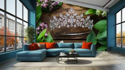 A tiara with a nature-inspired design, placed on a wooden surface surrounded by leaves and flowers for a fresh look. Wall mural