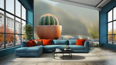 Cactus in a Pot on Rocky Surface in Natural Light Wall mural