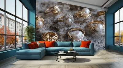 Elegant Collection of Gold and Pearl Rings Displayed Wall mural