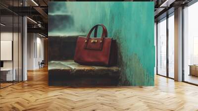 Elegant Red Handbag on Vintage Stairs Wall mural