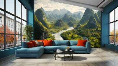 Lush Green Mountains with Serene River Landscape Wall mural