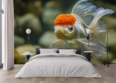 Ornate Goldfish Swimming in Clear Water Wall mural