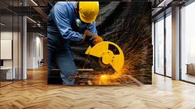 Worker cuts metal by electric circular saw. Fountain of grinding metal sparks. Metal working with personnel protective equipment.. Wall mural