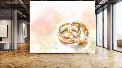 Beautiful watercolor illustration of two wedding rings on a colorful background, symbolizing love and commitment. Wall mural