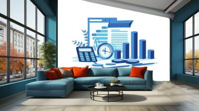 Business analysis concept with calculator, clock, graph, and documents. Ideal for financial, accounting, and strategy visuals. Wall mural