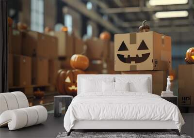 Halloween decorations with pumpkins and cardboard boxes on a conveyor belt in a warehouse setting. Wall mural