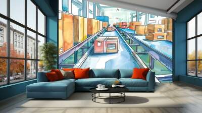 Illustration of a modern warehouse with stacks of boxes on conveyor belts. Bright and organized, ideal for logistics and supply chain concepts. Wall mural