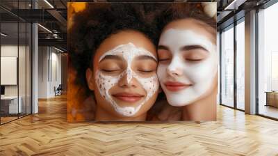 Two women enjoying a fall-themed face mask beauty treatment surrounded by pumpkins and autumn leaves, creating a cozy, seasonal atmosphere. Wall mural