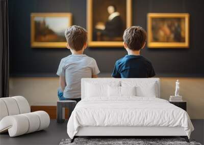 Two young boys sitting on a bench, admiring classic paintings in a museum gallery, viewing art and learning about culture. Wall mural