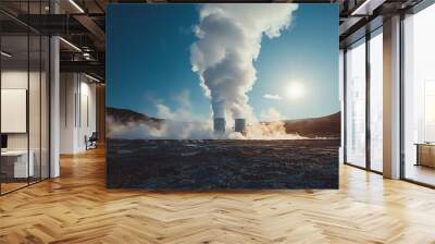 1 A geothermal power plant surrounded by steam rising from the earth Wall mural