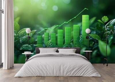 1 Financial report with green charts and fresh leaves, eco investment theme, 3D illustration Wall mural