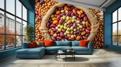 Legumes bean seed in sack, top view Wall mural