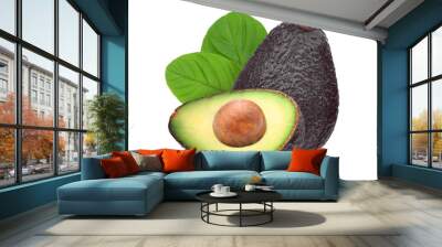 whole and half avocado with green leaf isolated on white background Wall mural