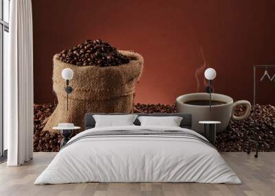 White cup with coffee beans on dark background Wall mural