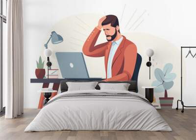 A businessman holding sore neck while working in his office. He is sitting in a chair. The man is in pain and discomfort, stressed man. The concept of fatigue, tension Wall mural