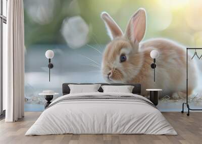 A cute, fluffy rabbit sitting on a straw mat with a soft, blurred background. Wall mural