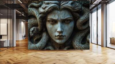 A detailed sculpture of a woman's face entwined with snakes, evoking a mythical and dramatic atmosphere. Wall mural